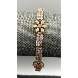 VTG Vermeil Sterling Silver 925 Opal & CZ Tennis Flower Boho Bracelet Floral 8"